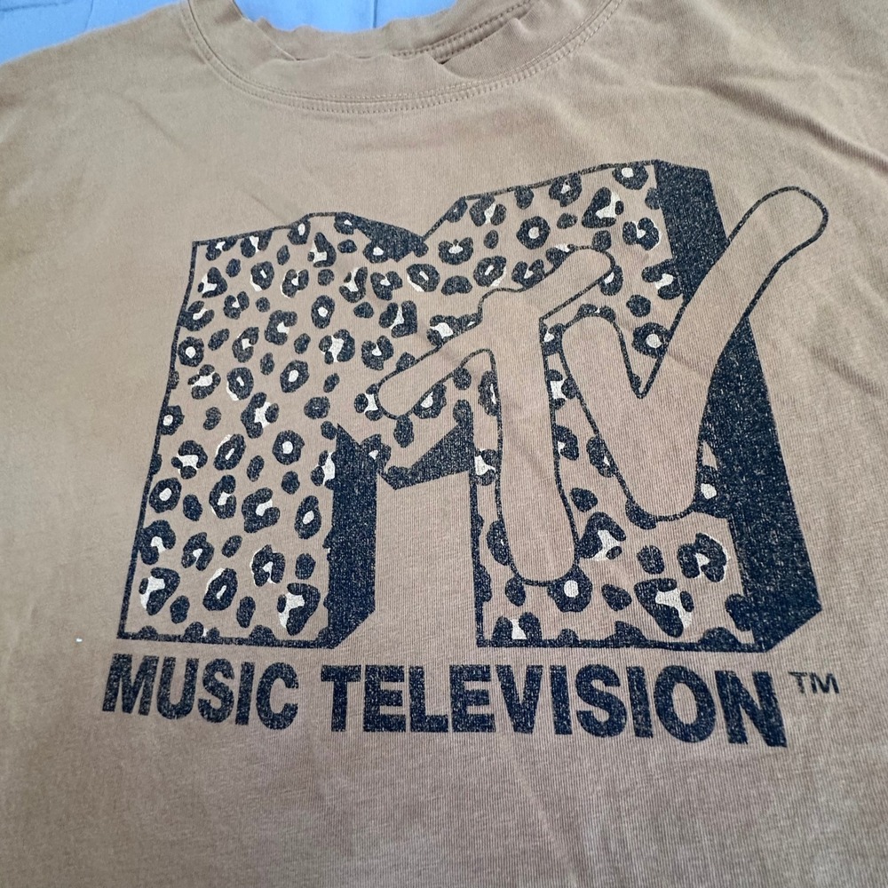 MTV T Shirt Womens XL Brown Leopard Log Concert Music Festival Graphic Tee Y2K